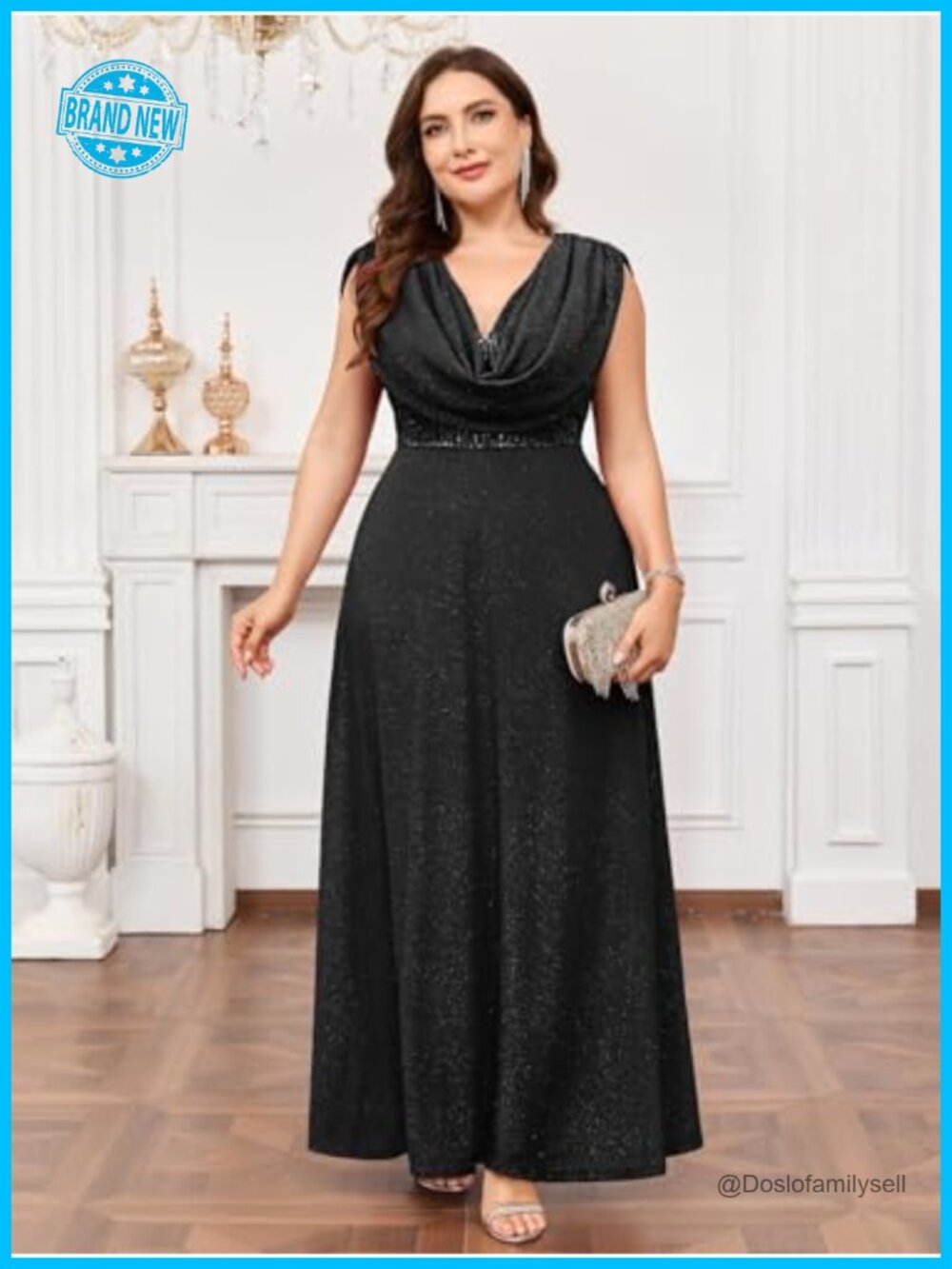 Plus Size Sequin Maxi Dress Cowl Neck Sleeveless Formal Prom Gown - Picture 4 of 6